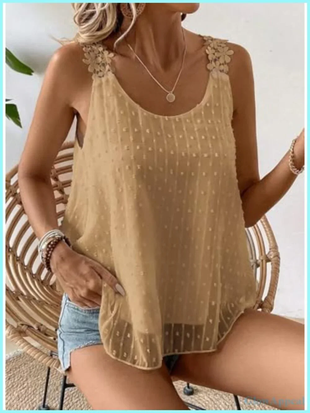 Sleeveless Crewneck Tank Top with Lace Trim and Swiss Dot Design